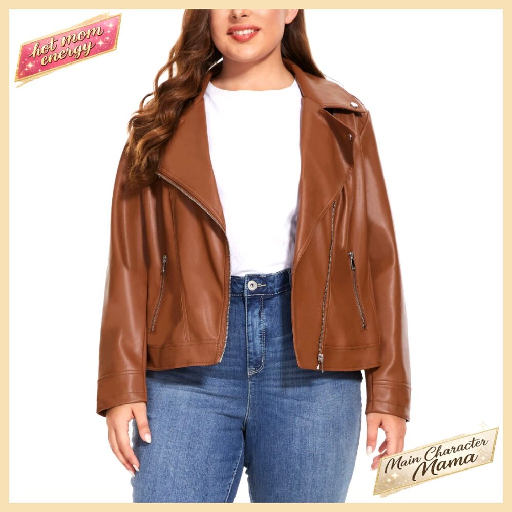 Plus Size Faux Leather Motorcycle Jacket Zip Up Fitted Biker Coat